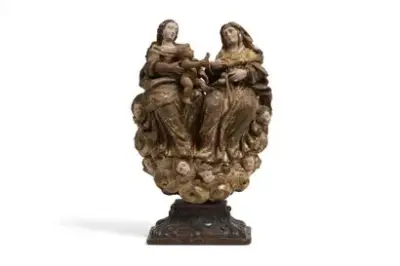 Travail du XVIIe siècle Jésus, la Vierge Marie et Sainte Anne Sculpture en bois… – kavel bij Galerie Moderne, Elsene (Brussel)