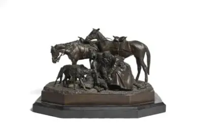 Nikolai Iwanowitsch LIEBERICH (1828-1883) La chasse au loup Bronze à patine brune Socle en… – kavel bij Galerie Moderne, Elsene (Brussel)
