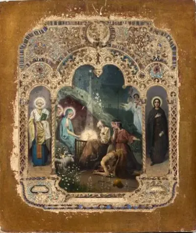 Russie, Moscou, circa 1905 Icône de la Nativité Peinture sur bois Elle est flanquée… – kavel bij Galerie Moderne, Elsene (Brussel)