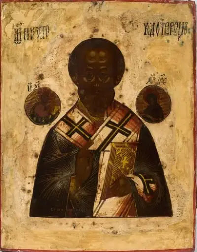 Russie, XIXe siècle Icône de Saint Nicolas le Thaumaturge Tempera, or et levkas sur… – kavel bij Galerie Moderne, Elsene (Brussel)