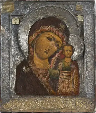 Russie, début du XVIIe siècle Icône de la Mère de Dieu de Kazan Tempera… – kavel bij Galerie Moderne, Elsene (Brussel)