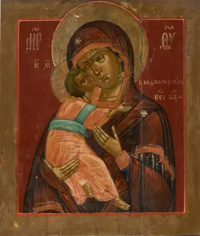 Russie, vers 1900 Icône de la Mère de Dieu de Vladimir Tempera sur bois… – kavel bij Galerie Moderne, Elsene (Brussel)