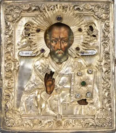 Russie, milieu du XIXe siècle Icône de Saint-Nicolas le Thaumaturge Tempera sur bois Dans… – kavel bij Galerie Moderne, Elsene (Brussel)