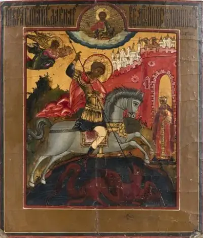 Russie, début du XIXe siècle Icône de Saint-Georges terrassant le Dragon Tempera et or… – kavel bij Galerie Moderne, Elsene (Brussel)