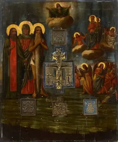 Russie, XIXe siècle Grande icône figurant à gauche, les saints Paul Komelsy, Pierre l’Athonite… – kavel bij Galerie Moderne, Elsene (Brussel)