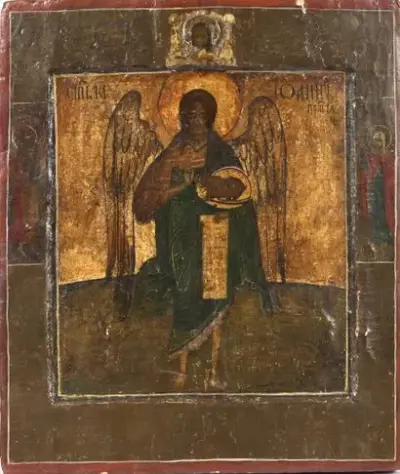 Russie, début du XVIIIe siècle Icône de Saint Jean le Précurseur Il est flanqué… – kavel bij Galerie Moderne, Elsene (Brussel)