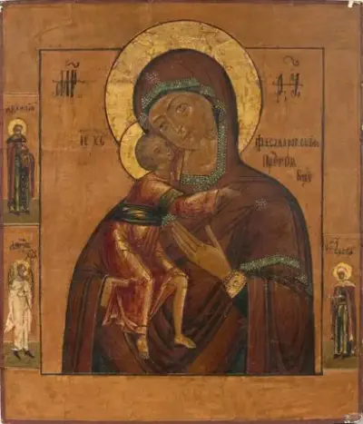 Russie, XIXe siècle Icône de la Mère de Dieu Feodorovskaya Elle est flanquée des… – kavel bij Galerie Moderne, Elsene (Brussel)
