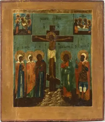 Russie, XIXe siècle Icône de la Crucifixion Tempera sur bois 35 x 31 cm – kavel bij Galerie Moderne, Elsene (Brussel)