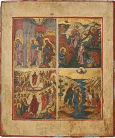Russie, vers 1800 Icône à quatre scènes de la vie du Christ Sur deux… – kavel bij Galerie Moderne, Elsene (Brussel)