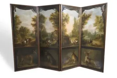 Travail du XIXe siècle Paravent à quatre vantaux formé par quatre huiles sur toile… – kavel bij Galerie Moderne, Elsene (Brussel)