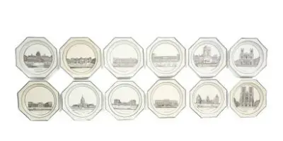 Creil-Montereau, XIXe siècle Série de 12 assiettes octogonales en faïence fine représentant des vues… – kavel bij Galerie Moderne, Elsene (Brussel)