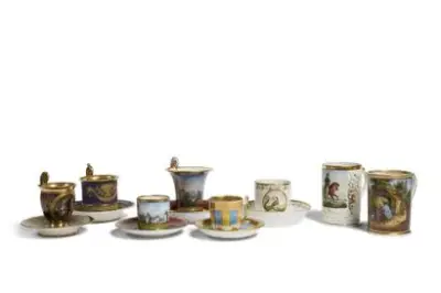 Travail du début du XIXe siècle Lot de huit tasses et sous-tasses diverses Signatures… – kavel bij Galerie Moderne, Elsene (Brussel)