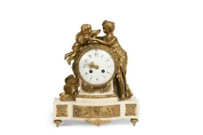 Travail d'époque Louis XVI Pendule à l'amour en bronze doré et marbre blanc Hauteur:… – kavel bij Galerie Moderne, Elsene (Brussel)