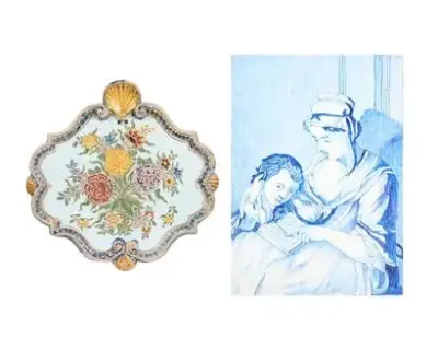 Travail français et hollandais du XVIIIe siècle Lot de deux plaques en faïence polychrome… – kavel bij Galerie Moderne, Elsene (Brussel)