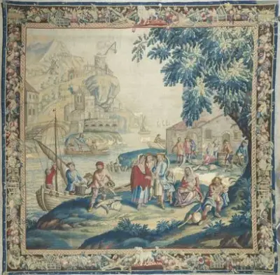 Travail flamand du XVIIe siècle Scène portuaire Importante tapisserie en laine entourée d'une bordure… – kavel bij Galerie Moderne, Elsene (Brussel)