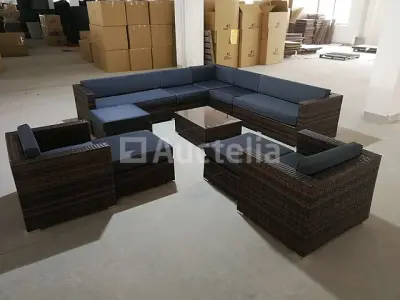 Loungeset 12-delig Brown wicker / Blauwe kussens – kavel bij Auctelia, Tholen