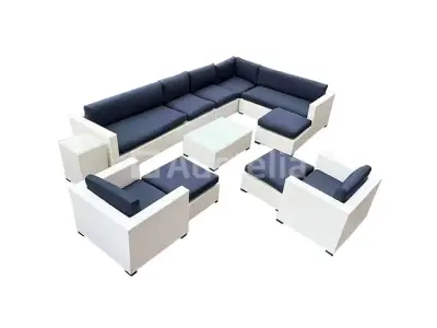 Loungeset 12-delig White wicker / blauwe kussens – kavel bij Auctelia, Tholen