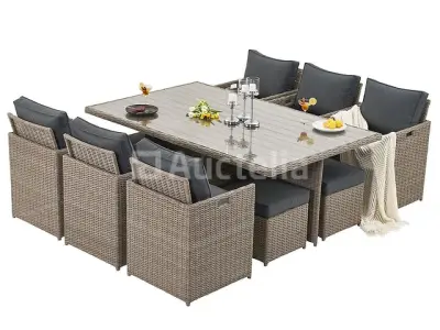 Diningset 11 delig - beige wicker + antraciete kussens - stoelen + eettafel 200x125 cm – kavel bij Auctelia, Tholen