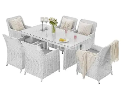 Diningset 7-delig - halfrond wicker - Wit / grijze kussens - glazen tafelblad – kavel bij Auctelia, Tholen