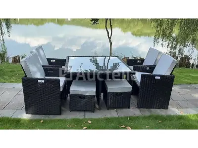 Diningset 9-delig Black wicker / witte kussens – kavel bij Auctelia, Tholen