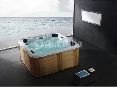 5 Persoons Outdoor Spa 208x208 cm - incl. 2 ligbedden - Wit bad / Naturel houten kleur zijkant – kavel bij Auctelia, Tholen