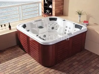 5 Persoons Outdoor Spa 208x208 cm incl. 2 ligbedden - Wit bad / Mahonie kleur zijkant – kavel bij Auctelia, Tholen