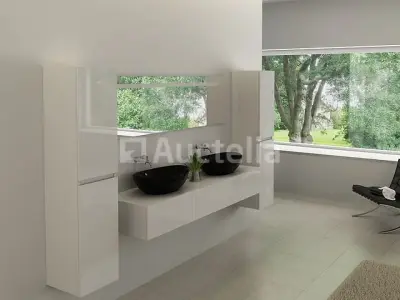 Badkamermeubel BAVENO | 180 cm | Met zijkasten | Hoogglans wit met 2 zwarte waskommen | Incl. kranen – kavel bij Auctelia, Tholen