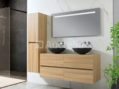 Badkamermeubel 130 cm - Licht hout decor + zwarte waskommen - Incl. muurkranen – kavel bij Auctelia, Tholen