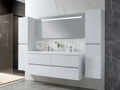 Badkamermeubel 145 cm - Hoogglans wit + witte dubbele wasbak - Incl. kranen – kavel bij Auctelia, Tholen