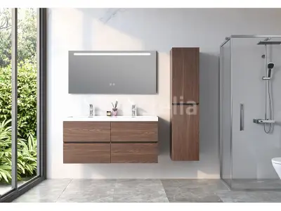 Badkamermeubel 120 cm - Donker hout decor + witte dubbele wasbak - Incl. kranen – kavel bij Auctelia, Tholen