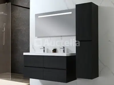 Badkamermeubel 120 cm - Donker hout decor + witte dubbele wasbak - Incl. kranen – kavel bij Auctelia, Tholen