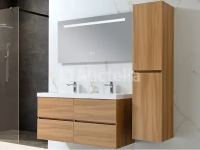 Badkamermeubel 120 cm - Licht hout decor + witte dubbele wasbak - Incl. kranen – kavel bij Auctelia, Tholen