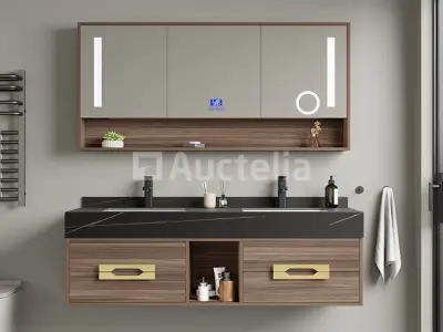 Badkamermeubel 2-persoons - 150 cm - Hout decor met zwarte wasbak - Incl. kranen – kavel bij Auctelia, Tholen