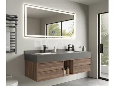 Badkamermeubel 2-persoons - 150 cm - Hout decor met grijze wasbak - Incl. kranen – kavel bij Auctelia, Tholen