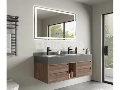 Badkamermeubel 2-persoons - 120 cm - Hout decor met grijze wasbak - Incl. kranen – kavel bij Auctelia, Tholen
