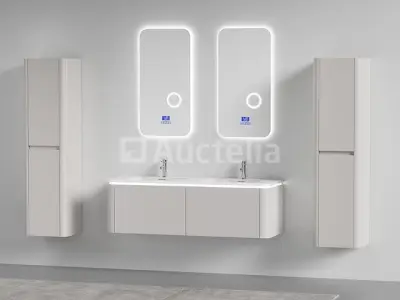 Badkamermeubel 2 persoons 140 cm - Taupe - 2 zijkasten, 2 ovale spiegels – kavel bij Auctelia, Tholen