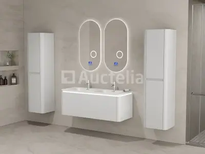 Badkamermeubel 2 persoons 120 cm - Wit - 2 zijkasten, 2 ovale spiegels – kavel bij Auctelia, Tholen