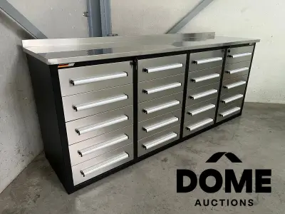 RVS werkbank met 20 laden – kavel bij Dome Auctions, Waasmunster