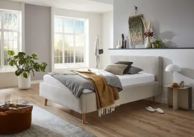 Gestoffeerd bed Madras 140x200cm ribfluweel - beige – kavel bij Openbare Verkopen, Beveren-Leie