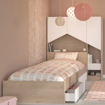 Bed Shelby 90x200 cm met 2 opberglades en achterbouw-eik/wit – kavel bij Openbare Verkopen, Beveren-Leie