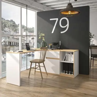 Uitschuifbaar hoekbureau Gibral 155x136cm - wit/eik decor – kavel bij Openbare Verkopen, Beveren-Leie