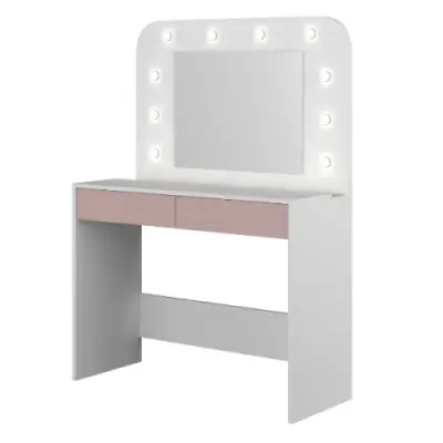 Kaptafel Holly met spiegel en verlichting 2 lades spaanplaat - wit/roze – kavel bij Openbare Verkopen, Beveren-Leie
