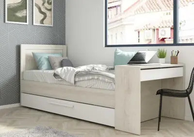 Bed Shipley 90x200 met bureau en lade - wit grenen – kavel bij Openbare Verkopen, Beveren-Leie
