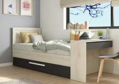 Bed Shipley 90x200 met bureau en bedlade - grenen/ wit – kavel bij Openbare Verkopen, Beveren-Leie