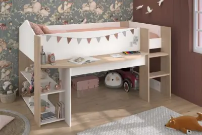 Halfhoogslaper Shelby - 90x200 - met bureau en opbergruimte - wit/eikdecor – kavel bij Openbare Verkopen, Beveren-Leie