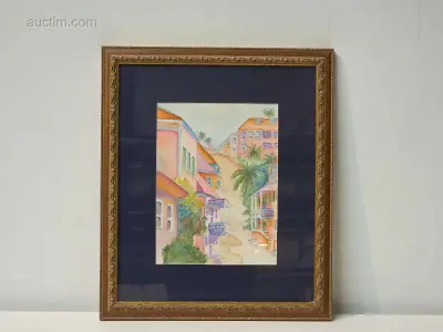 Alice Curran aquarel met zuiders straatzicht – kavel bij Auctim, Aartselaar