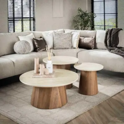 Romano Ronde Keramische Travertijn Salontafel Set/3 – kavel bij Openbare Verkopen, Beveren-Leie