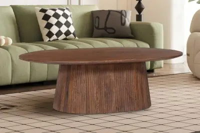 Ovale salontafel Miguel 120 cm lichtbruin | Massief houten structuur en blad Mango – kavel bij Openbare Verkopen, Beveren-Leie