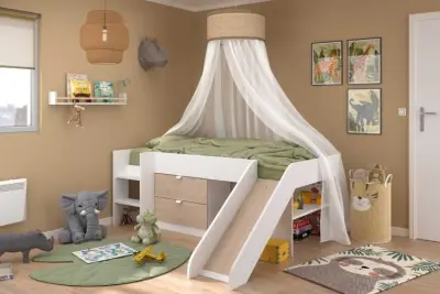 Halfhoogslaper met glijbaan Tobo 90x200 - eik/wit – kavel bij Openbare Verkopen, Beveren-Leie