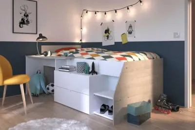 Kajuitbed Milky met bureau en lades - wit/eik – kavel bij Openbare Verkopen, Beveren-Leie